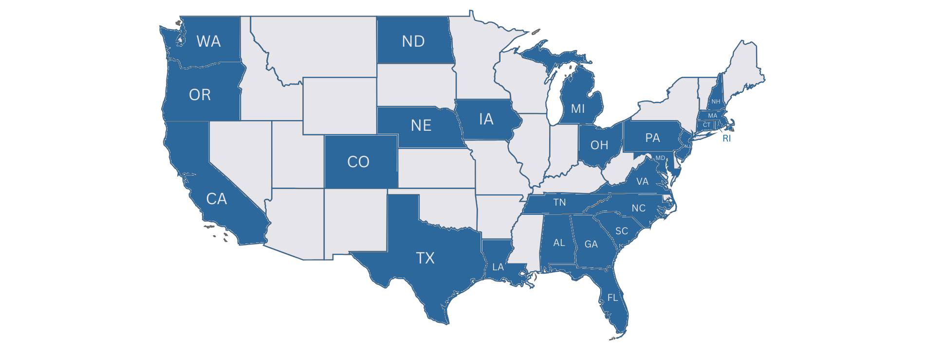 Image of a map of the United States showing the states we work in. The states marked on the image are: WA, OR, CA, ND, CO, TX, LA, NE, IA, MI, OH, PA, MD, NJ, CT, MA, NH, RI, VA, NC, SC, GA, TN, FL.