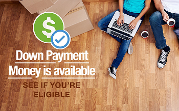 Down payment assistance and grant programs may be available for eligible homebuyers, depending on location, income, property type, program guidelines, and lender review. Image showing two people sitting on the floor during a move, reviewing information on a laptop and tablet, with a dollar-sign checkmark icon representing possible down payment assistance options for homebuyers. Program availability and eligibility depend on borrower qualification, income, property location, loan program guidelines, underwriting, and lender conditions.